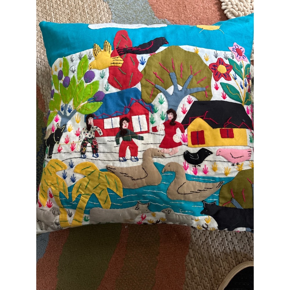 Handmade Arpillera Folk Art‎ Pillow Cover Embroidered 3D Village Scene Colorful